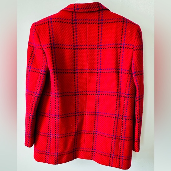 Vintage  Red Wool Pane Style Plaid Blazer By BERNARD HOLTZMAN Size 14 - Picture 7 of 13